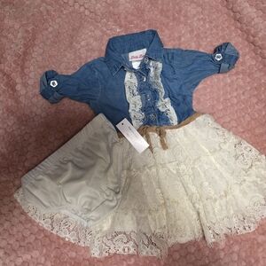 Little Lass Blue Denim Top with Cream Lace NWT